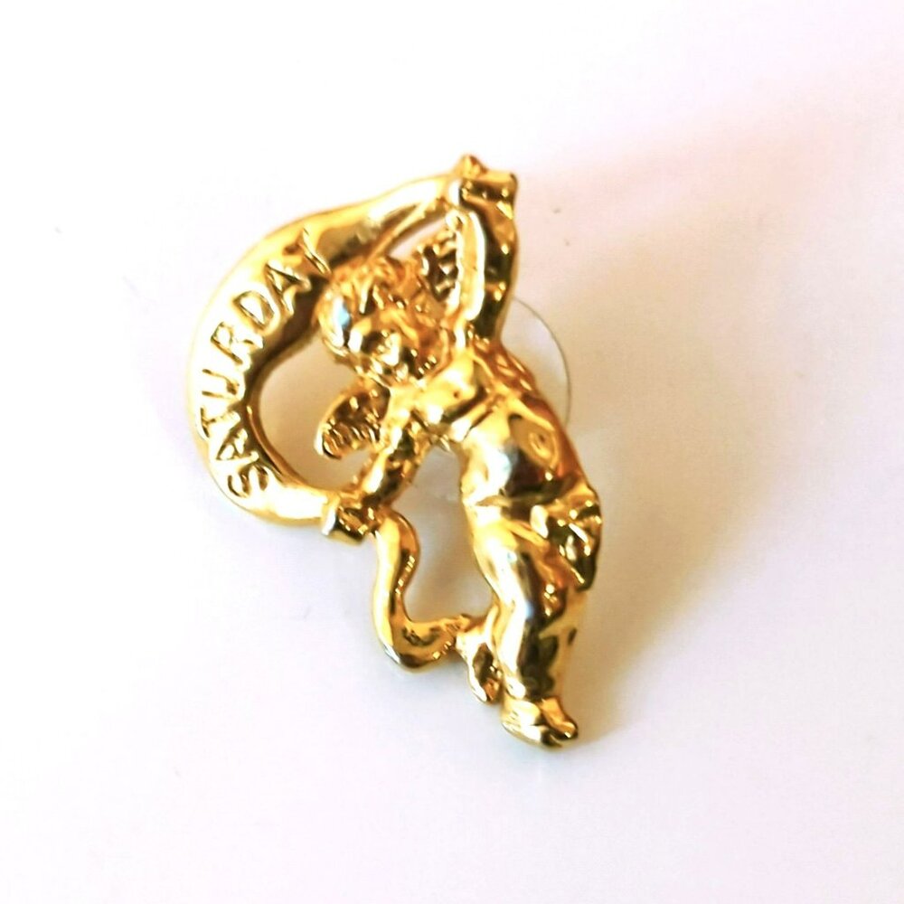 Two Sisters Saturday Angel Cherub Banner Pin Gold Tone Lapel Vintage